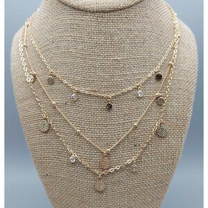 Ettika Layered Pendant Necklace in Gold Tone Saturn Chain Discs Crystals 15" Lon